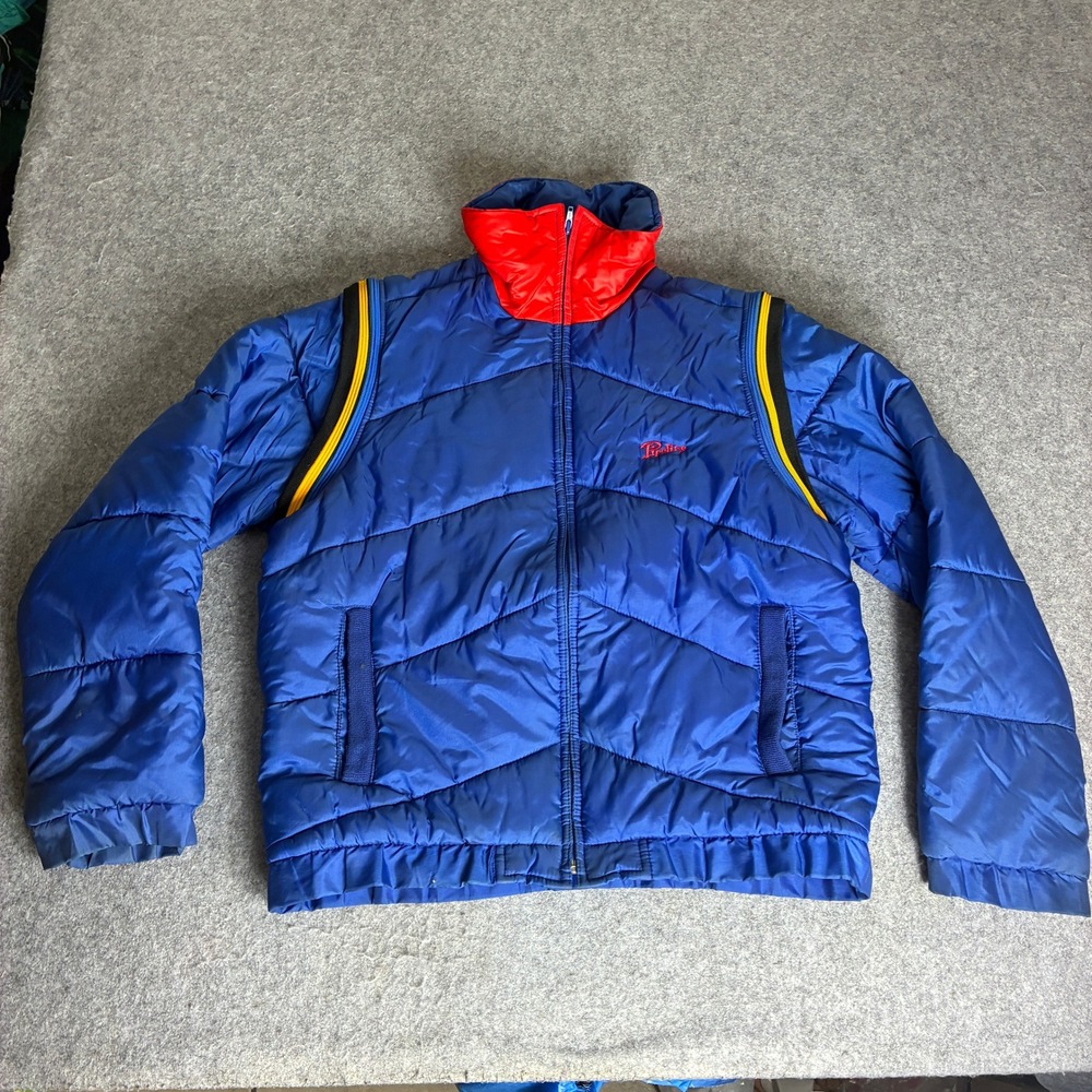 Vintage Pipeline Puffer Jacket Mens Medium Blue Red Zip Off Sleeves Vest 80s Ski